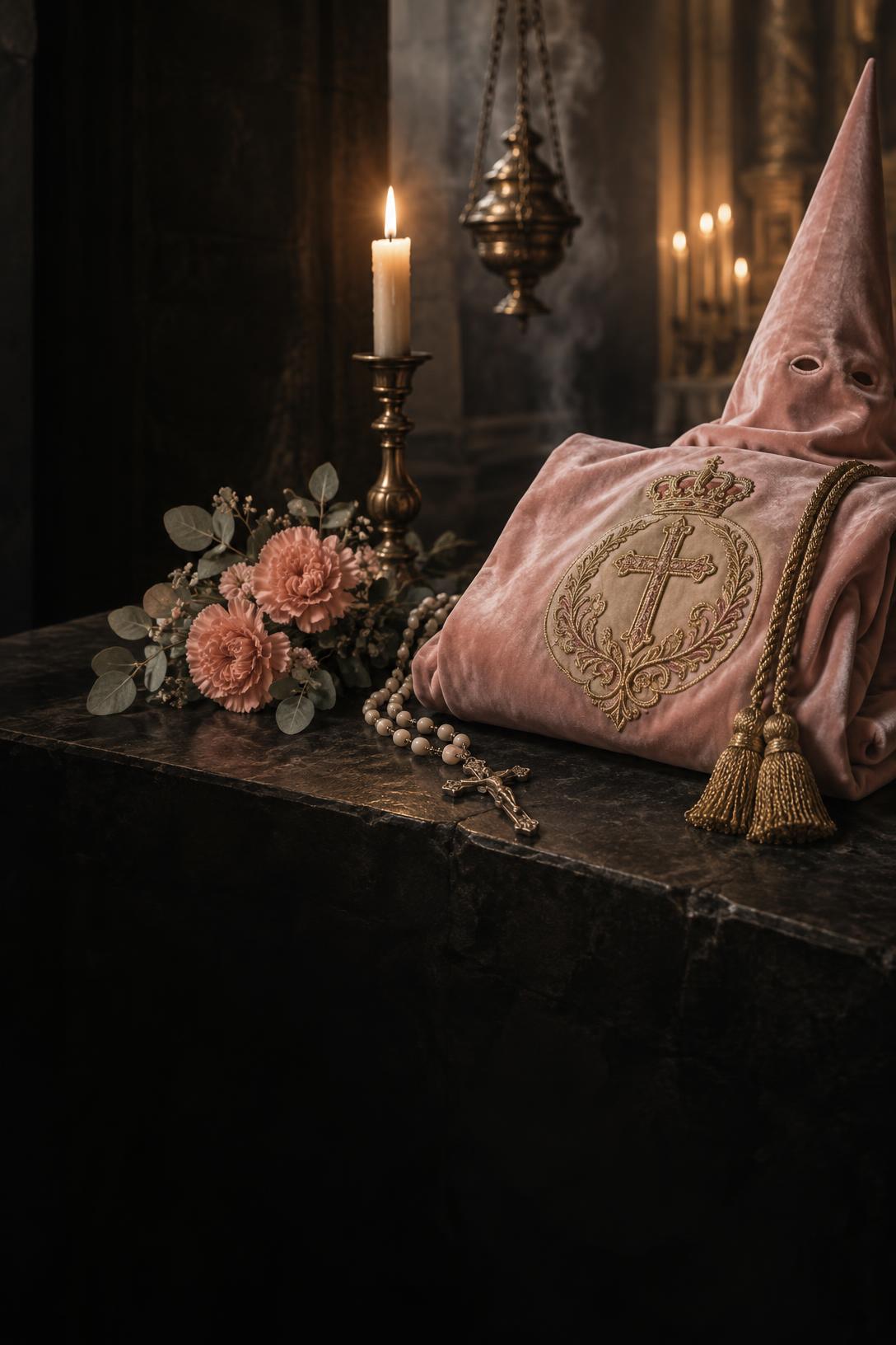Túnica de terciopelo rosa empolvado con bordado en hilo de oro, rosario, claveles y una vela encendida en una capilla