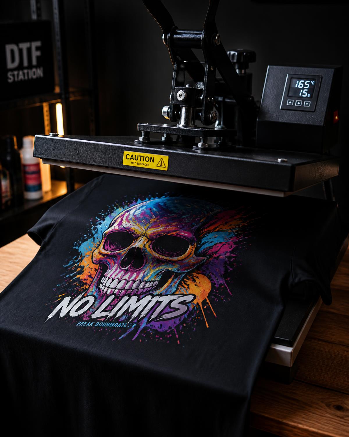 Plancha térmica aplicando una transferencia DTF a todo color sobre una camiseta negra